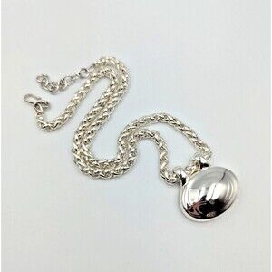 Vintage Monet Silver Tone Half Dome Oval Pendant Necklace Wheat Chain Hook Clasp